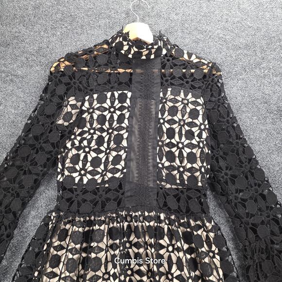 EillyBazar Dress Womens Medium Black Crochet High Neck Bell Sleeve Mini Cocktail - Picture 4 of 13